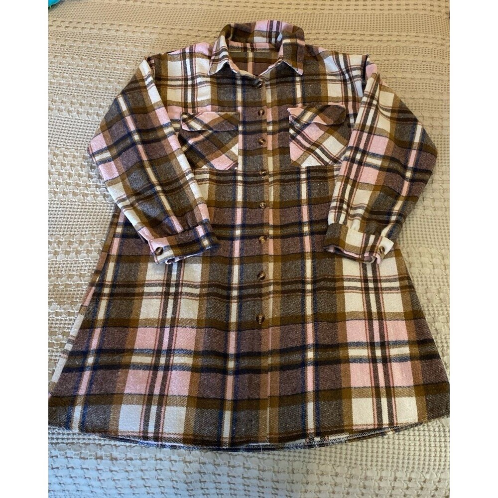 Woman’s‎ Plaid Flannel Long Shirt Jacket Shacket Size XL Pink Brown Button Down